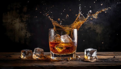 Whiskey with rocks or ice cubes in a glass with ice in a dark wooden background. AI Generated, AI