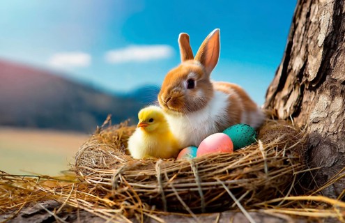 Easter, the Easter bunny and a chick sit in an Easter nest with colourful Easter eggs, AI