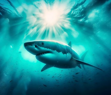 A great white shark swims in the ocean in a school of fish, AI generated, AI generated