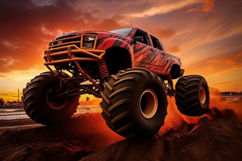 Monster truck driving outdoors amidst a cloud of dust. Thrill and adrenaline of an outdoor racing