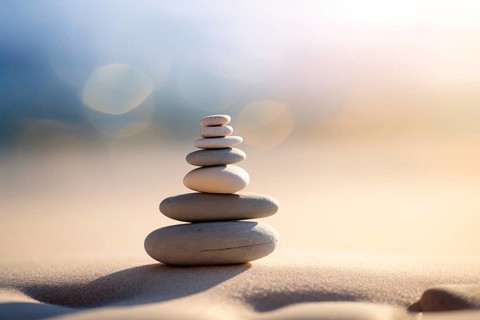 Zen stones stack on sand waves in a minimalist setting for balance and harmony. Balance, harmony,