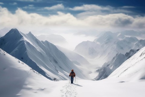 A mountaineer in mountains approaching a majestic snowy mountain peak amidst a snowfall and snow