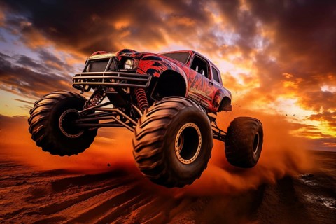 Monster truck driving and jumping outdoors amidst a cloud of dust. Thrill and adrenaline of an