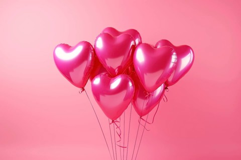 Bunch of glossy pink heart-shaped balloons against a soft pink background, perfect for Valentine