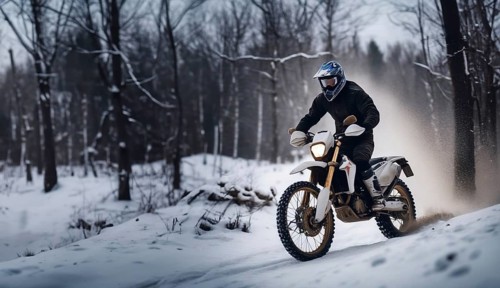 Motocross on an enduro motorcycle in the snow in winter, a motorcyclist in equipment and a helmet