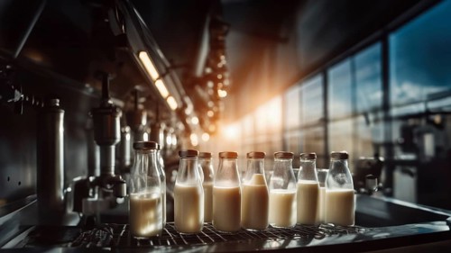 Plant for the production of milk and dairy products, conveyor belt with bottles of milk, AI