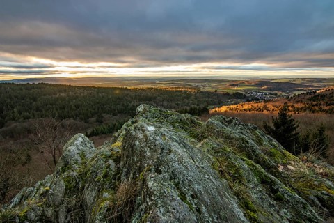 Landscape at the Grosser Zacken, Taunus volcanic region. A cloudy, sunny autumn day, meadows,