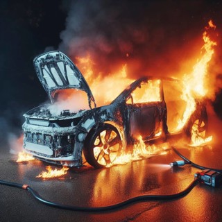 A firefighter in full gear uses a hose with chemical white foam to extinguish flames engulfing