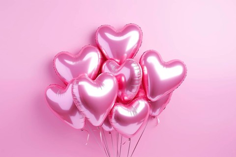 Bunch of glossy pink heart-shaped balloons against a soft pink background, perfect for Valentine