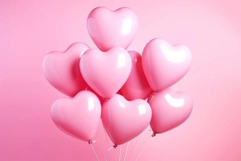 Bunch of glossy pink heart-shaped balloons against a soft pink background, perfect for Valentine