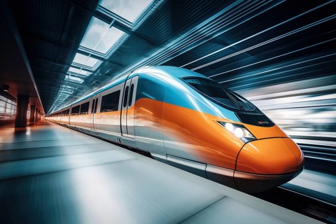 Modern high speed train in a futuristic train station. Modern transportation technology, speed,
