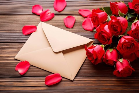 Vibrant red roses, a romantic valentine love letter in an elegant envelope, and scattered rose