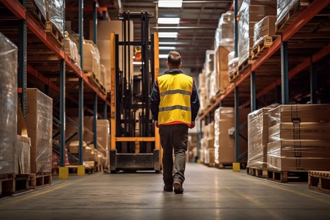 A worker in a reflective vest operates a forklift in a well-lit warehouse, navigating through