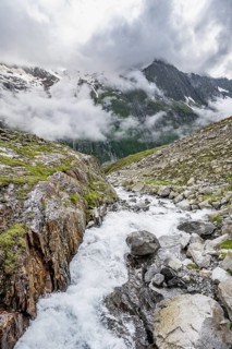 Furtschaglbach mountain stream, rocky mountain peak of the Hochsteller behind, Furtschaglhaus,