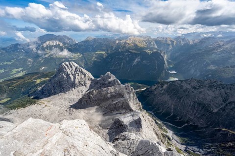 View from the rocky summit of the Watzmann Mittelspitze, view of mountain panorama with Steinernes