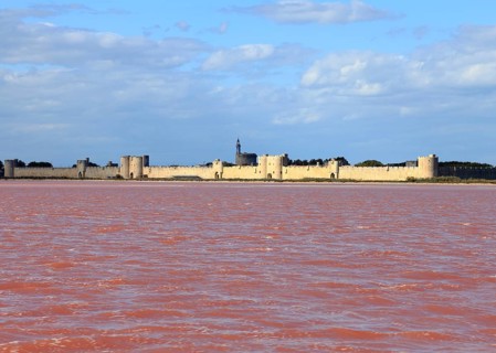 The medieval town of Aigues Mortes in the middle of the salt marshes, Gard, Petite Camargue,