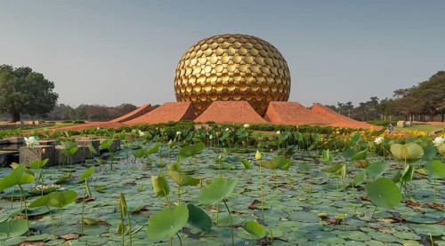 Lotus pond, meditation centre Matrimandir or Matri Mandir, future city Auroville, near Pondicherry