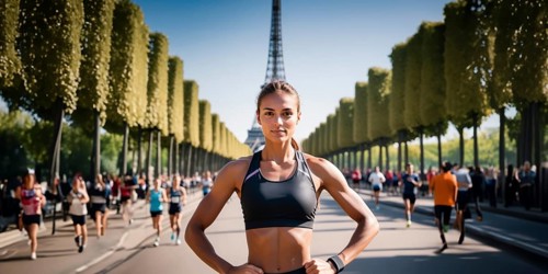 Woman athlete in Paris in sportswear against the background of the Eiffel Tower. Concept of the