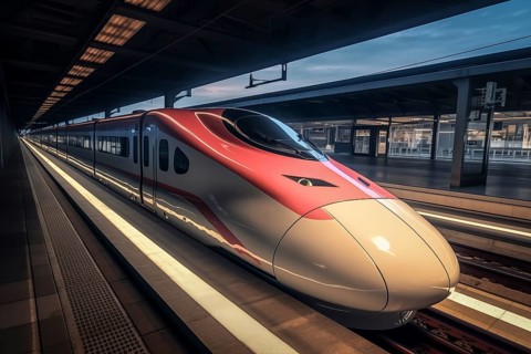Modern high speed train in a futuristic train station. Modern transportation technology, speed,
