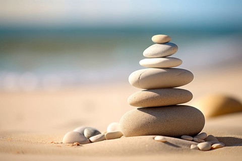 Zen stones stack on sand waves in a minimalist setting for balance and harmony. Balance, harmony,