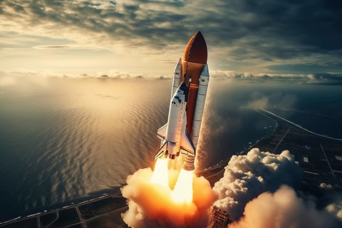 Aerial view of a rocket shuttle carrier launch at sunrise over an ocean coast. The rocket is