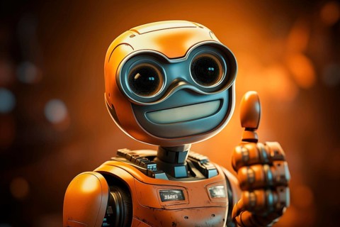Orange robot showing a thumbs up gesture. The friendly robot has big round eyes and a friendly