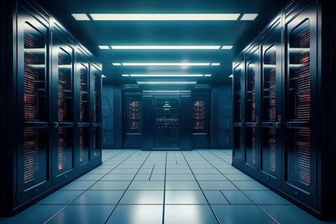A modern data center with rows of server racks, high technology, artificial intelligence AI and