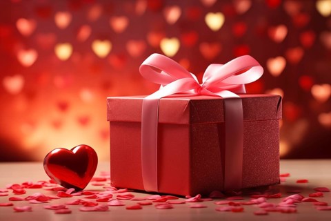 Valentine's Gift red gift box adorned with a soft pink ribbon, surrounded by heart-shaped confetti