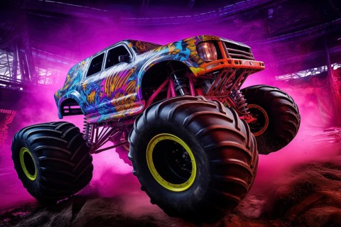 Monster truck with neon lighting, jumping off-road in cloud of dust. Excitement and thrill of an