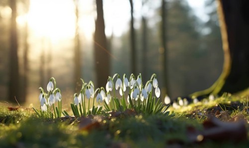 Sunlight warms a group of snowdrops peeking through the leaf litter AI generated