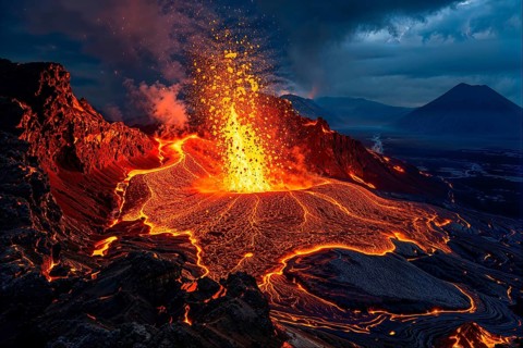 An active volcano erupting, surrounded by glowing lava at dusk, AI generated, AI generated