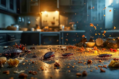 Cockroaches (Blattodea) search for food on a messy kitchen worktop under dramatic lighting, AI