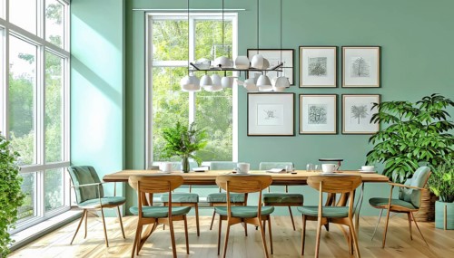 Sunlit modern dining room with green walls and stylish wooden furniture, AI generated