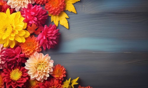 Colorful chrysanthemums arranged on a dark wood background, depicting autumn AI generated