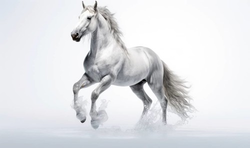 White horse with flying hair and splashes of water on white background. Frozen water splashes on