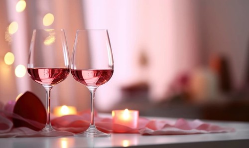 Wine glasses with sparkling accents and heart-shaped decorations in a romantic atmosphere AI