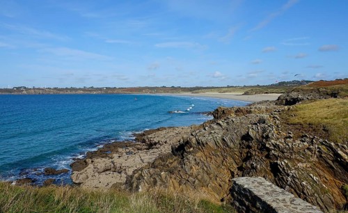 Sandy beach beach Plage des Blancs Sablons, seen from the peninsula Kermorvan, Le Conquet,