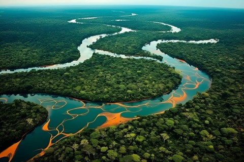 Aerial view of a meandering river in a tropical rainforest, Brazil, AI Generated, AI generated,