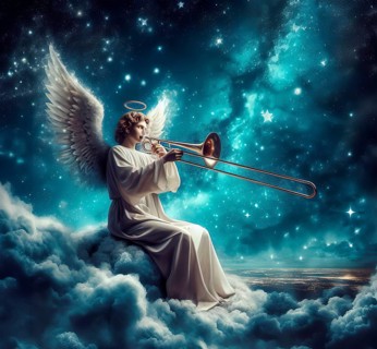 An angel sits on a cloud and plays the trombone, kitsch, AI generated, AI generated