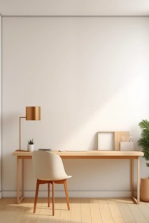 A bright and airy minimalist workspace featuring a wooden desk, elegant chair, and modern lamp