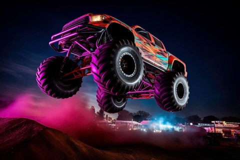 Monster truck with neon lighting, jumping off-road outdoors in cloud of dust, during a night event,