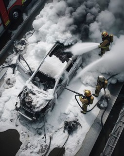 A firefighter in full gear uses a hose with chemical white foam to extinguish flames engulfing