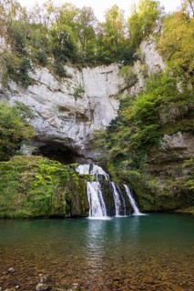 Spring and waterfall, Source du Lison, Source des Lison, Nans-sous-Sainte-Anne, Departement Doubs,