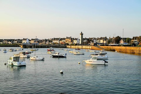 Old harbour with boats and lighthouse, Roscoff, Finistere, Brittany, France, Europe