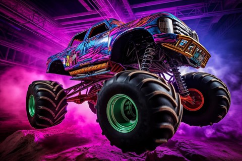 Monster truck with neon lighting, jumping off-road in cloud of dust. Excitement and thrill of an