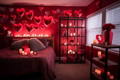 A cozy bedroom adorned with red and white heart-shaped balloons, rose petals, and candles creating