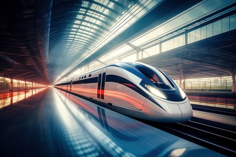 Modern high speed train in a futuristic train station. Modern transportation technology, speed,