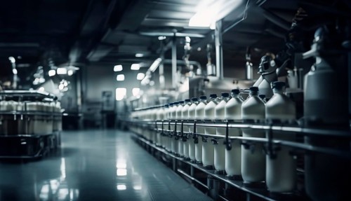 Plant for the production of milk and dairy products, conveyor belt with bottles of milk, AI