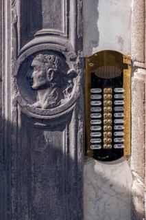 Relief of a bust of a Caesar on the entrance portal of a former palazzo, historic centre, Genoa,