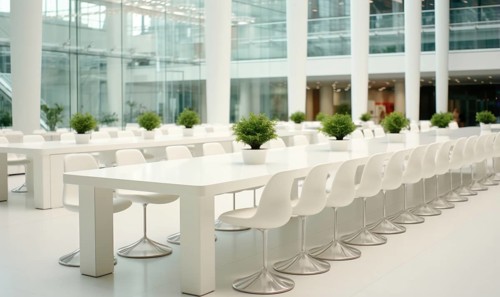 A minimalist, modern cafeteria with white tables and chairs, featuring small indoor plants AI